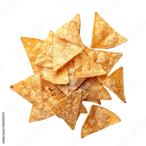 A heap of seasoned corn tortilla chips arranged on a transparent background, perfect for snacking or party platters