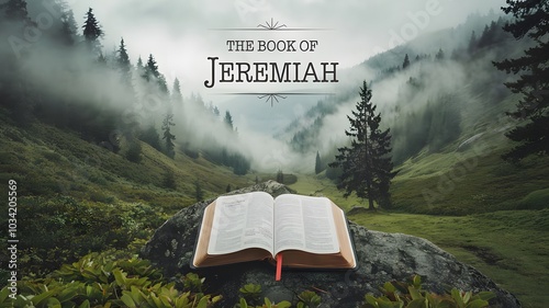 The Book of Jeremiah written above a Bible in a misty valley with dense forests and fog. photo