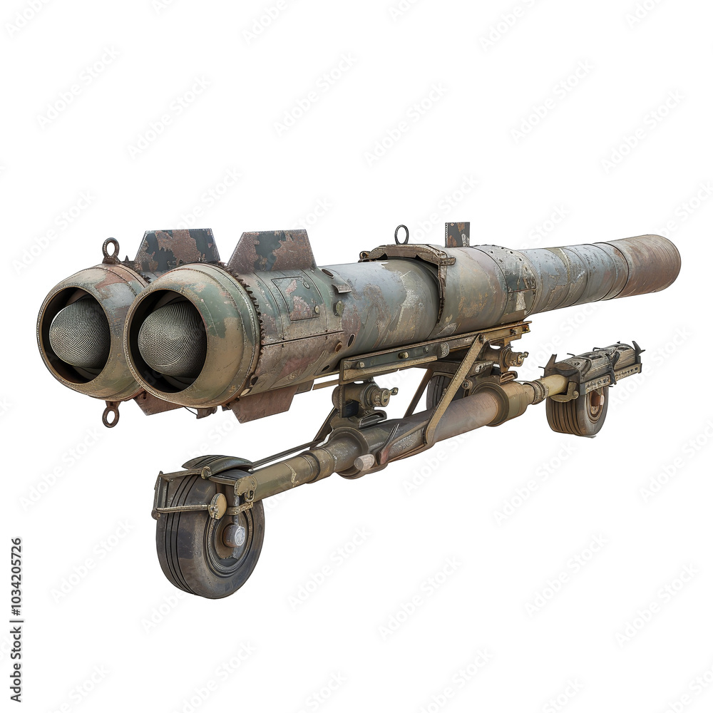 Military missile displayed on a wheeled platform with detailed features and textures in a studio setting during daylight Military missile displayed on a wheeled platform with detailed features and textures in a studio setting during daylight