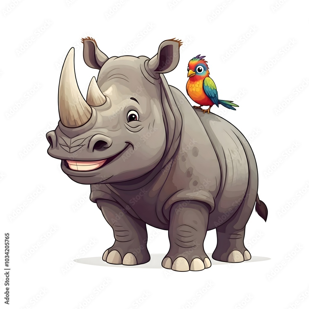 Fototapeta premium Adorable Cartoon Rhino with a Colorful Bird Companion