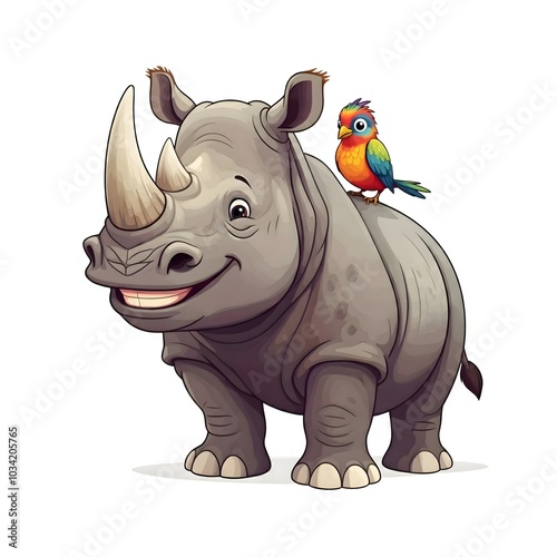 Adorable Cartoon Rhino with a Colorful Bird Companion photo