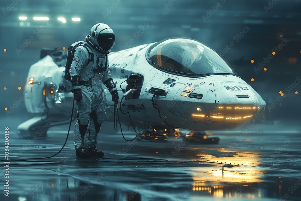 Fototapeta premium Astronaut Attaching Charger by Futuristic Spaceship