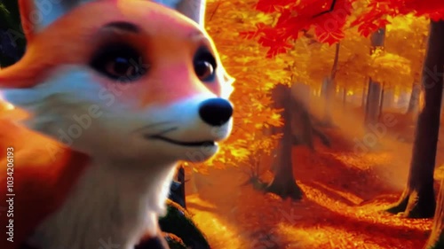 an autumnal forest, the golden-red leaves scattered across the ground, a child collecting acorns in a small woven basket. a small, mystical fox spirit with glowing eyes and ethereal fur, sitting just 