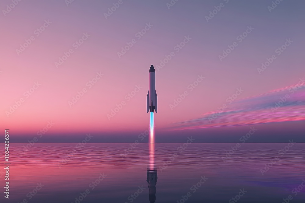Futuristic Rocket Launch at Sunset Over Calm Waters Futuristic Rocket Launch at Sunset Over Calm Waters