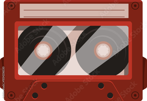 Red audio cassette tape is lying horizontally, evoking memories of the past and the iconic sound of analog recordings