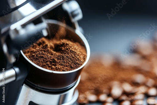 Coffee grounds being brewed in a French press, with rich dark coffee swirling inside photo