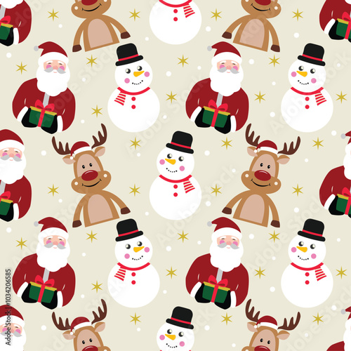 Festive seamless pattern features cute christmas cartoon characters, including Santa Claus, snowman, and reindeer. Perfect for holiday wrapping paper, decorations, greeting cards, and festive designs.