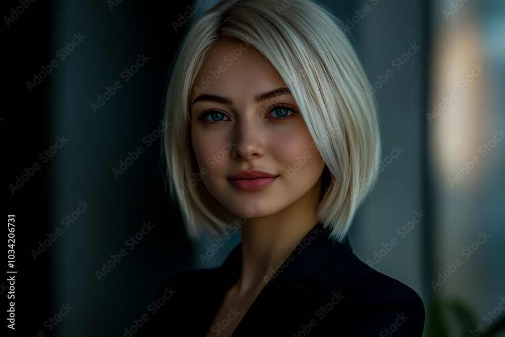 An attractive Russian woman with platinum blonde hair, a bob-cut hairstyle. An attractive Russian woman with platinum blonde hair, a bob-cut hairstyle.