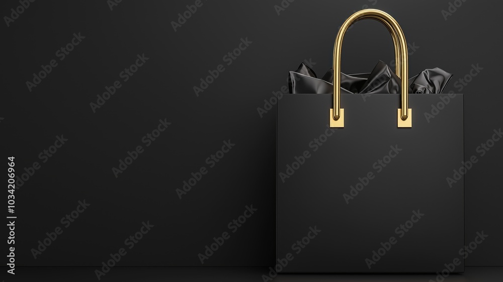 Elegant black shopping bag with gold handles on a dark background Elegant black shopping bag with gold handles on a dark background