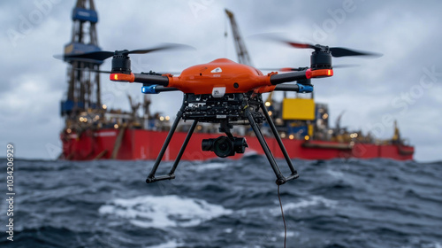 Monitoring drone capturing oil spill near offshore drilling rig