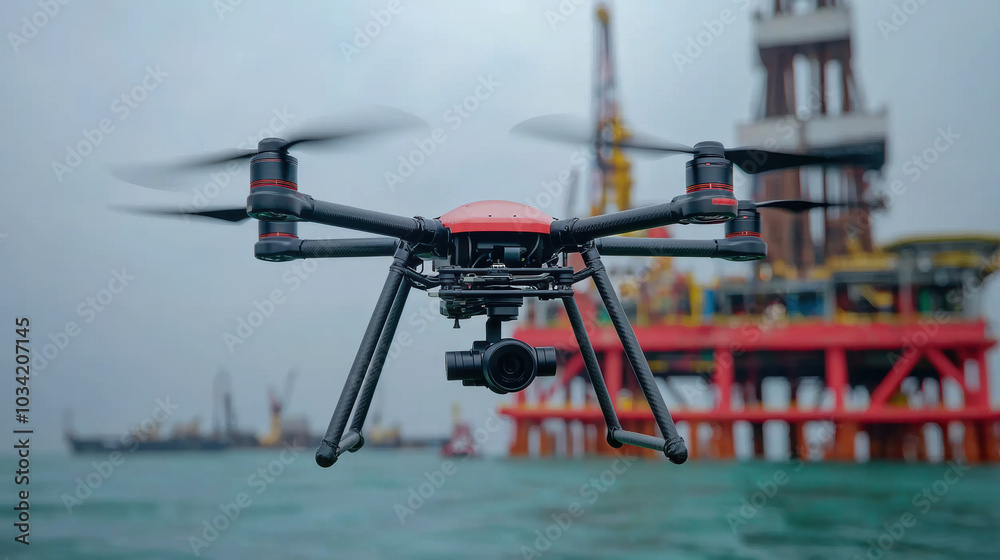 Monitoring drone capturing oil spill near offshore platform Monitoring drone capturing oil spill near offshore platform