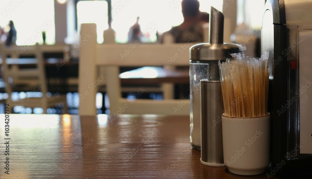 toothpicks, salt shaker and pepper shaker standing on empty wooden table on the right and blurred background of cafe, restaurant or cafeteria with couple silhouettes eating toothpicks, salt shaker and pepper shaker standing on empty wooden table on the right and blurred background of cafe, restaurant or cafeteria with couple silhouettes eating