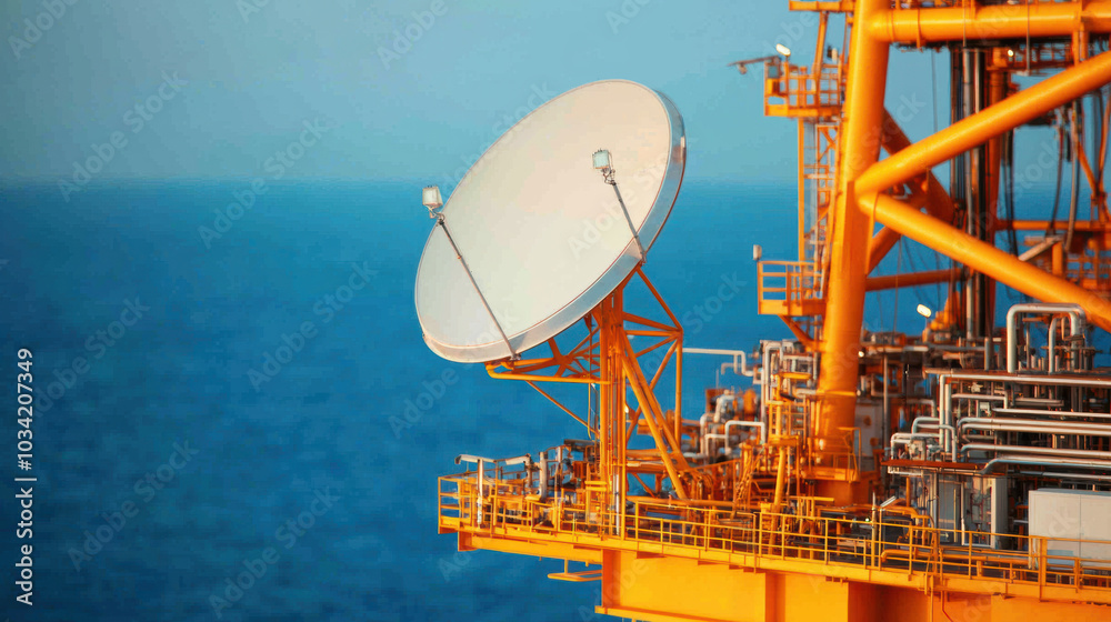 Close up of oil rig platform with satellite antenna overlooking ocean Close up of oil rig platform with satellite antenna overlooking ocean