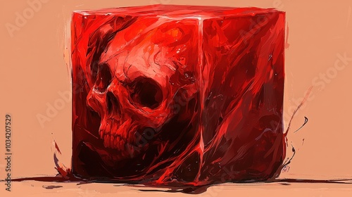 Red skull encased in fiery cube - abstract art reflecting life's transience and mystery photo