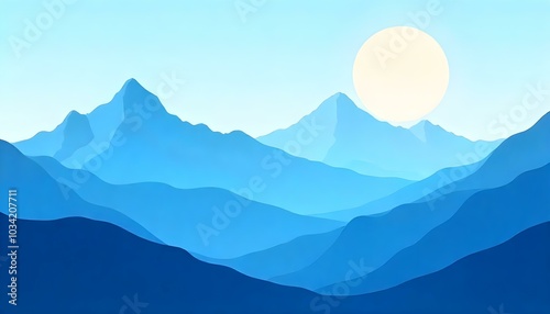 Snowy mountain peaks in the distance under a bright sun, with layers of blue hues in the foreground creating a serene, minimalist landscape