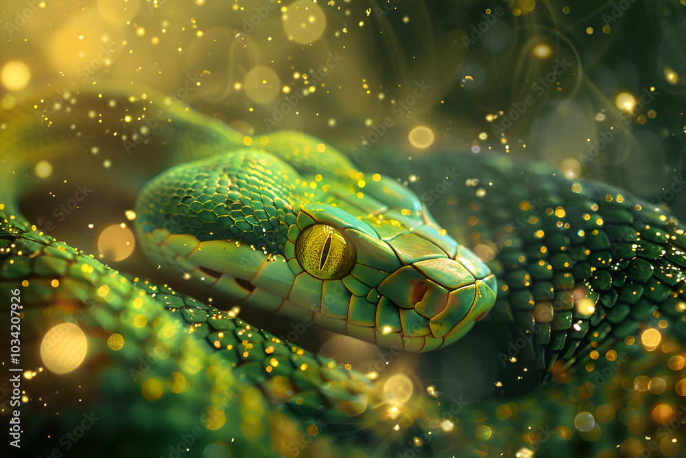Green snake, lying in the forest, symbol of the New Year 2025 Green snake, lying in the forest, symbol of the New Year 2025