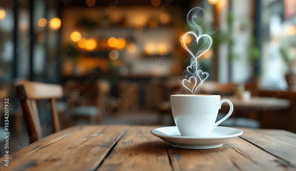 This image features a white teacup with steam forming heart shapes, set on a wooden table in a cozy café environment.
This image features a white teacup with steam forming heart shapes, set on a wooden table in a cozy café environment.