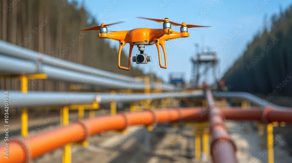 drone hovers above industrial pipelines, showcasing advanced monitoring technology drone hovers above industrial pipelines, showcasing advanced monitoring technology