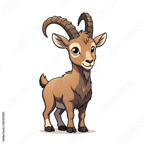 Charming Cartoon Ibex with Spiraled Horns and Big Eyes on White