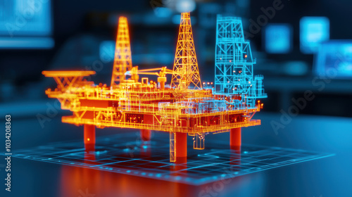 Digital hologram of oil platform with control systems glowing in blue and orange hues