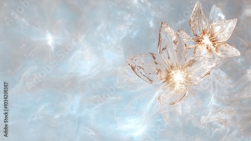 Transparent glass flowers with soft blue background and ethereal glow