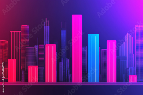 Floating bar chart with rapid growth rate indicators and progress highlights, futuristic theme