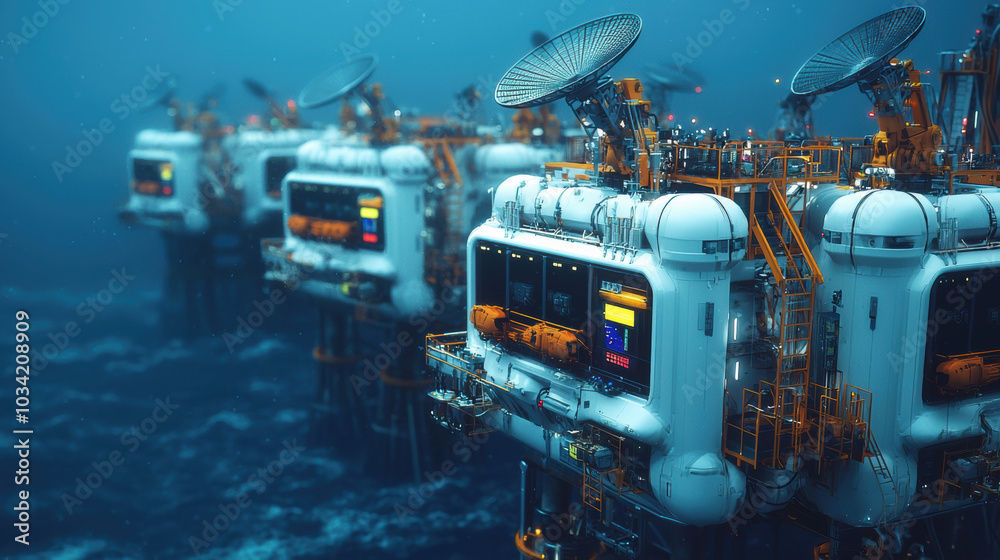Futuristic oil platforms in deep sea with advanced technology and equipment Futuristic oil platforms in deep sea with advanced technology and equipment