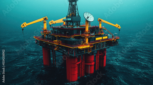 Futuristic oil platform in deep sea with advanced technology and vibrant colors