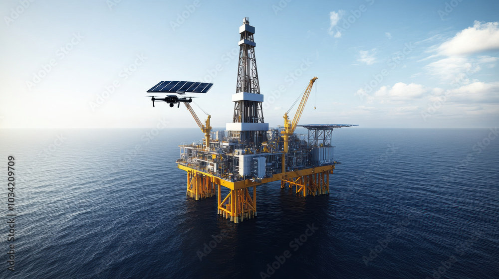 Futuristic oil rig with solar panels and drone monitoring ocean Futuristic oil rig with solar panels and drone monitoring ocean