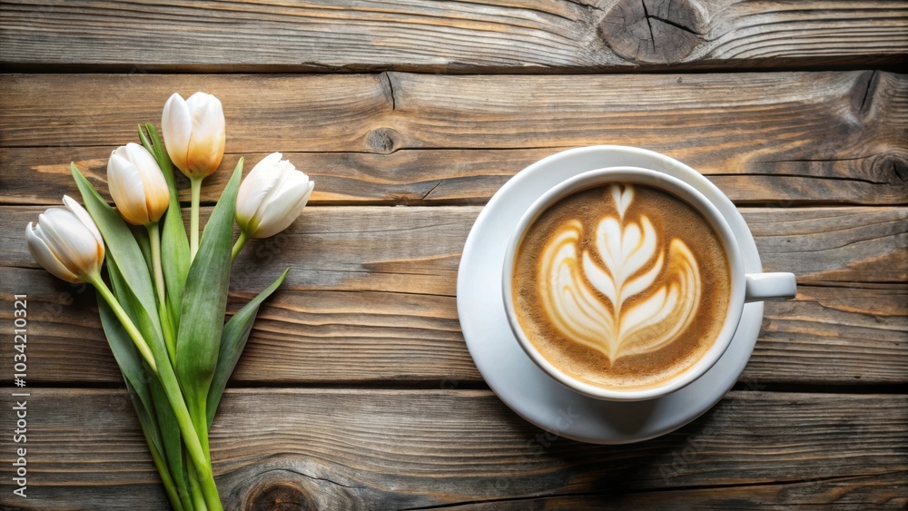 A cup of coffee with latte art and a bouquet of tulips on a rustic wooden surface A cup of coffee with latte art and a bouquet of tulips on a rustic wooden surface