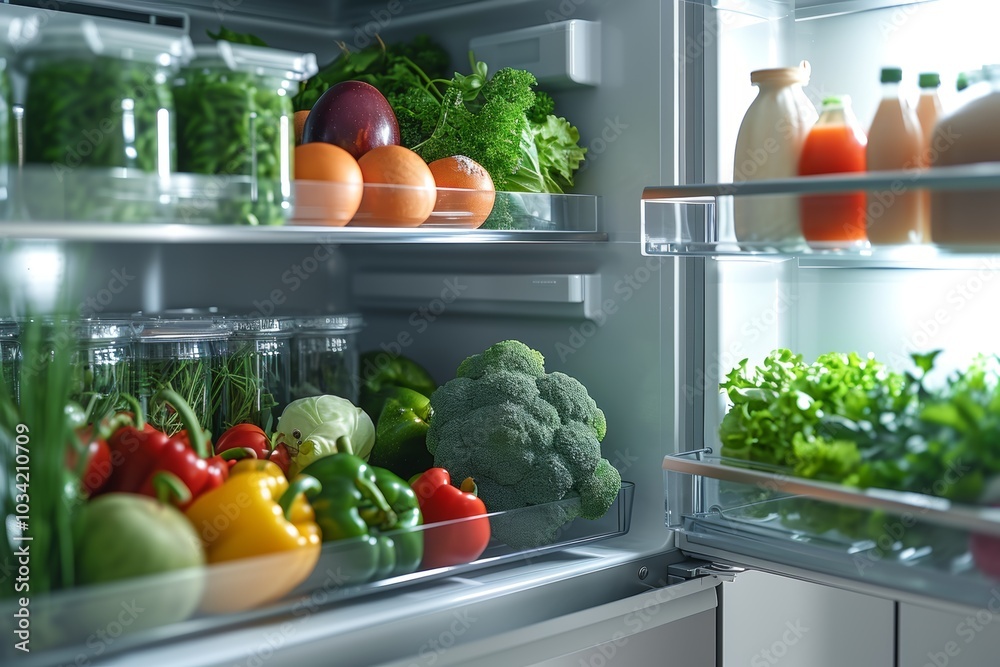 The refrigerator is stocked with vibrant fruits and vegetables alongside nutritious beverages, showcasing a commitment to healthy eating and meal preparation The refrigerator is stocked with vibrant fruits and vegetables alongside nutritious beverages, showcasing a commitment to healthy eating and meal preparation