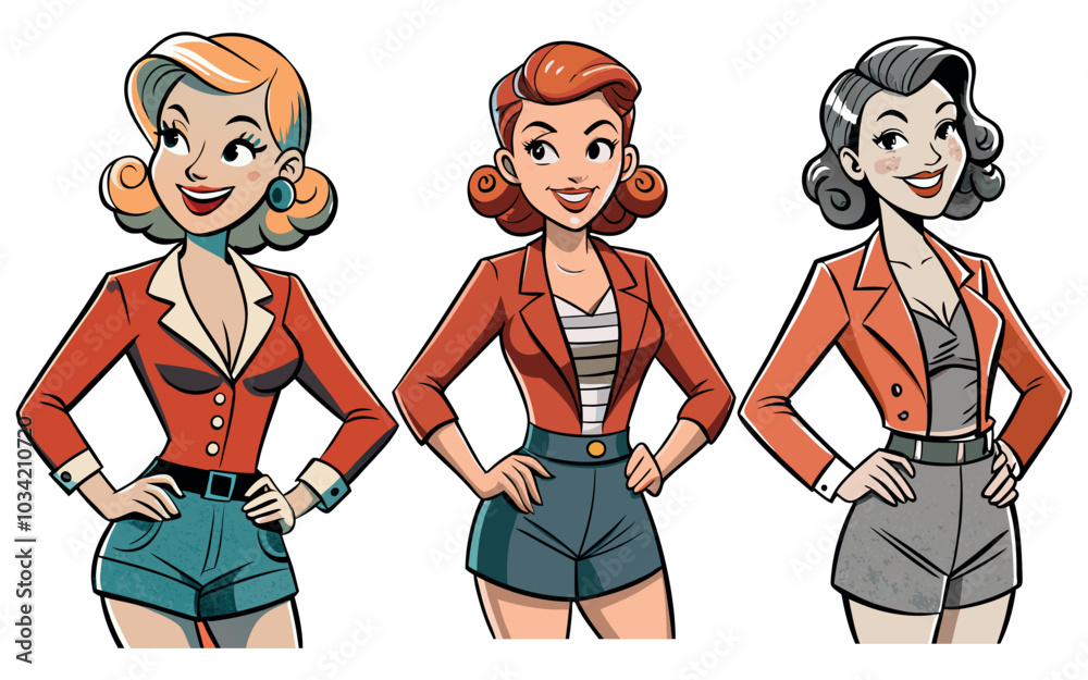 Pin-Up Woman in Blazer & High-Waisted Shorts Retro Charm Engraving Vector Illustration Pin-Up Woman in Blazer & High-Waisted Shorts Retro Charm Engraving Vector Illustration
