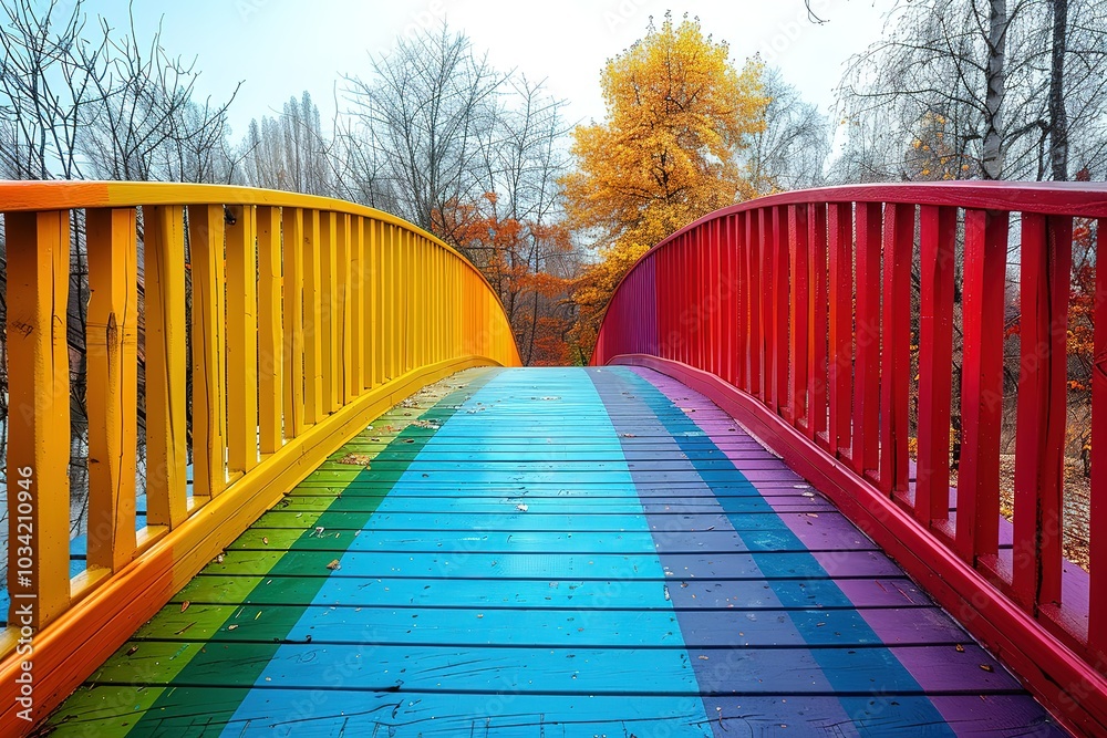 A rainbow bridge with a colorful wooden railing