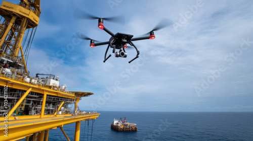 Monitoring drone taking off from oil rig over ocean