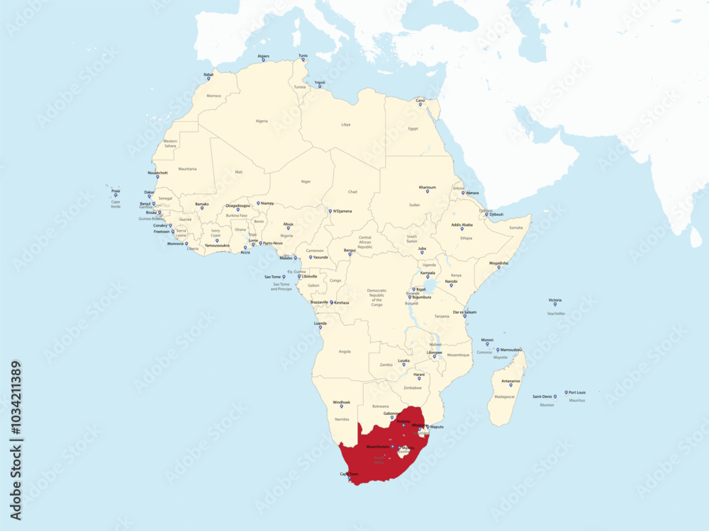 Obraz premium Detailed national location map of SOUTH AFRICA within the great continent of Africa