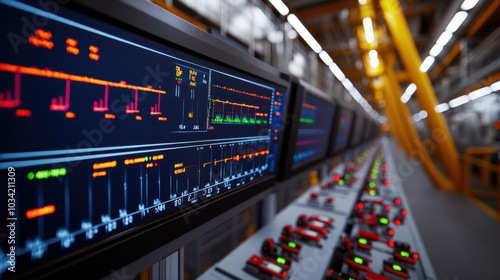 High tech monitoring station with multiple screens displaying data