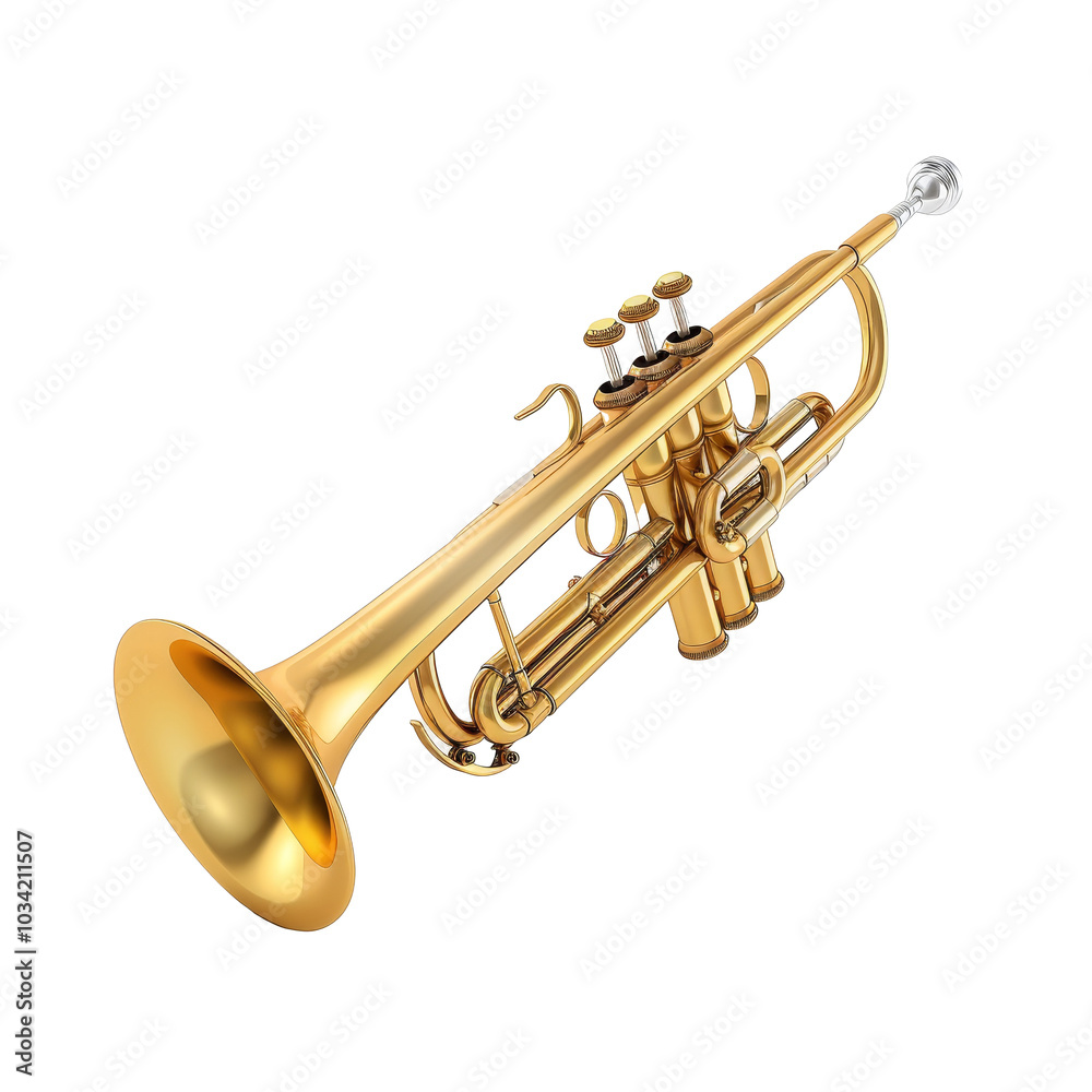 Naklejka premium A polished brass trumpet resting on a white surface, showcasing its intricate valves and design details under bright lighting