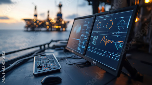 Monitoring station on oil platform with data displays and sunset view