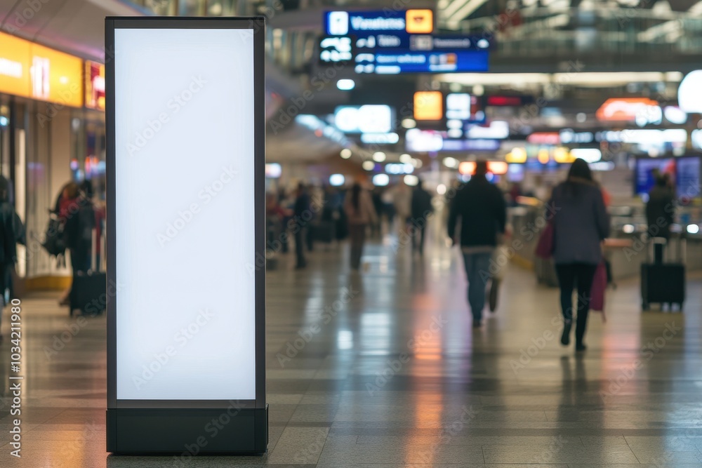 Blank vertical signboard in busy airport terminal setting Blank vertical signboard in busy airport terminal setting