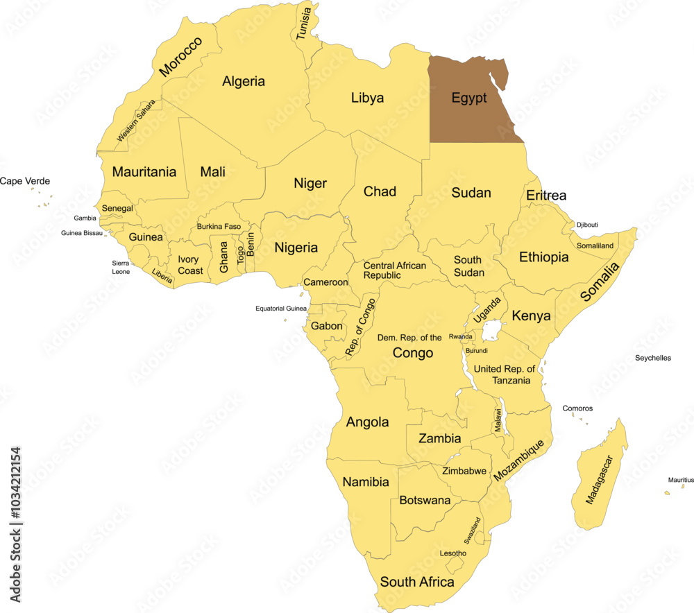 Detailed national location map of EGYPT within the great continent of Africa