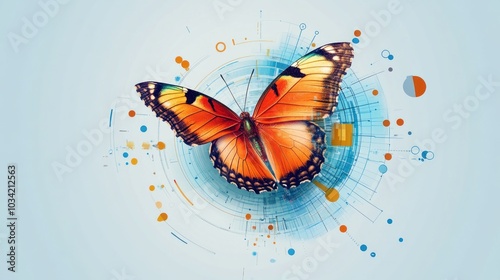 A vibrant butterfly surrounded by abstract digital elements, symbolizing transformation and technology. photo