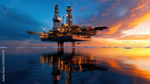 Oil platform floating in arctic waters at sunset, reflecting on calm sea