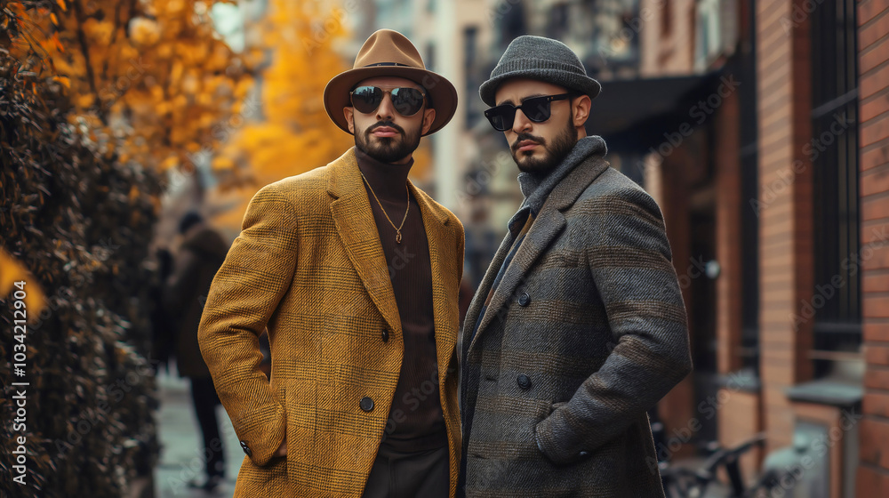 Men in autumn fashion posing with style: handsome outfit stylish elegance in nature fall season landscape attire natural field outdoor casual trees fall lifestyle trendy brown models Men in autumn fashion posing with style: handsome outfit stylish elegance in nature fall season landscape attire natural field outdoor casual trees fall lifestyle trendy brown models