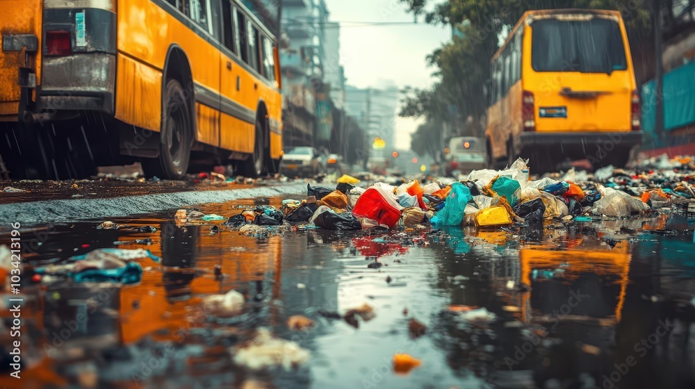 Trash and plastic litter on a city street after a rain. Trash and plastic litter on a city street after a rain.