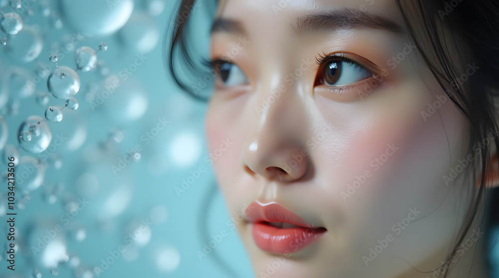 The women with moisturized and radiant skin, Amidst the drops of refreshing water The women with moisturized and radiant skin, Amidst the drops of refreshing water