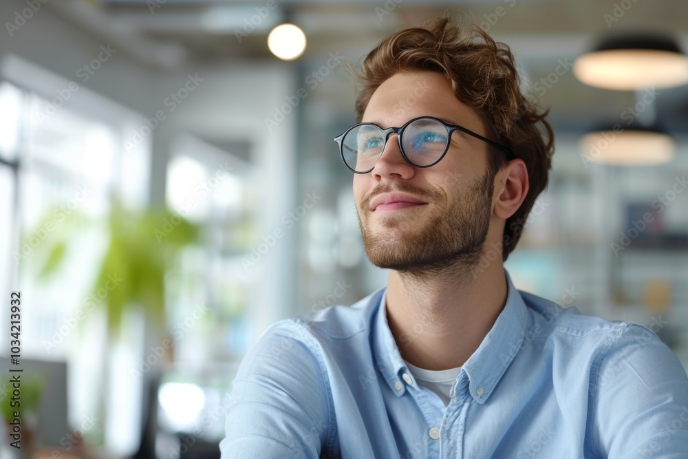 A young Caucasian male employee with glasses smiles while daydreaming about future career success and opportunities in a bright office A young Caucasian male employee with glasses smiles while daydreaming about future career success and opportunities in a bright office