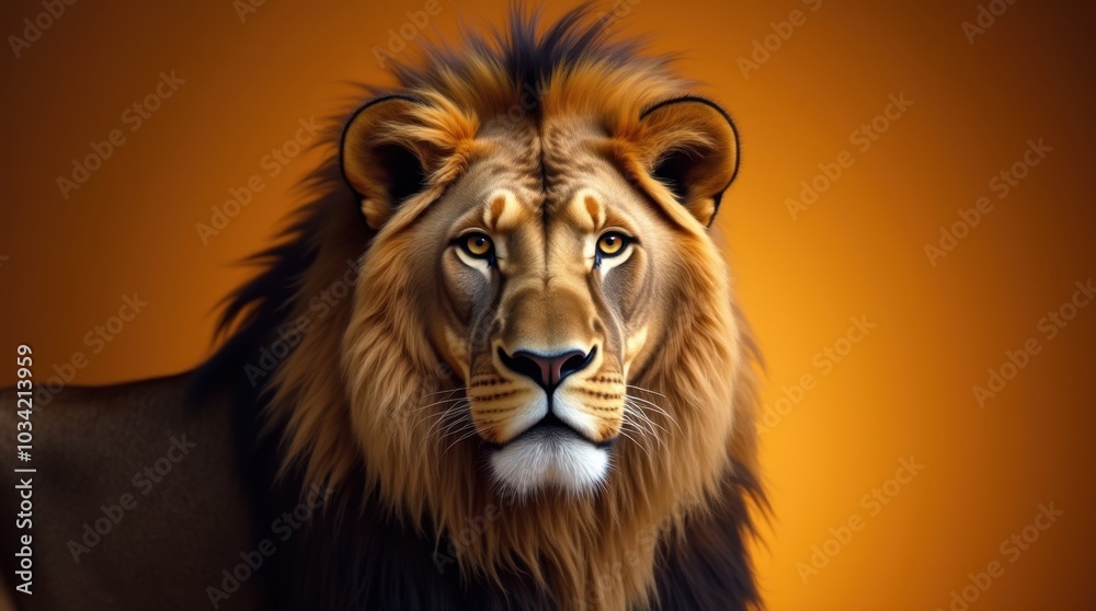 Fototapeta premium A close-up portrait of a male lion showcases its majestic features, with a flowing mane that radiates a golden hue.