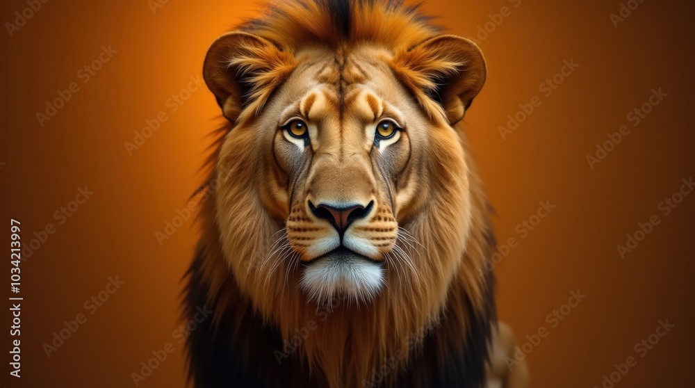 Fototapeta premium A close-up portrait of a male lion showcases its majestic features, with a flowing mane that radiates a golden hue.
