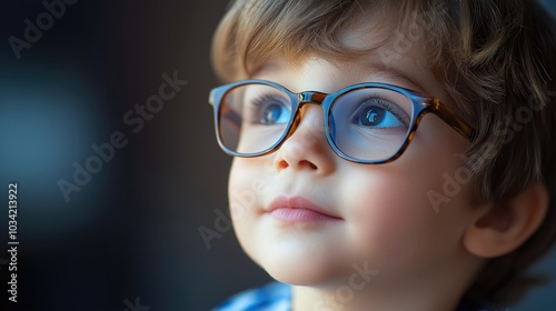 Face of a cute little brunette boy in glasses for vision. Close-up.