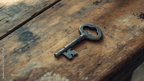 A vintage key resting on a wooden surface, symbolizing mystery and access.